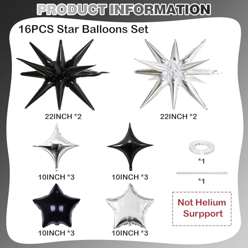 Black and Silver Star Balloons, 22in Large Star Balloons Foil 10in 4-Pointed & Pentagram Balloon for New Year Graduation Wedding Engagement Birthday Party Decorations - color: Black Silver
