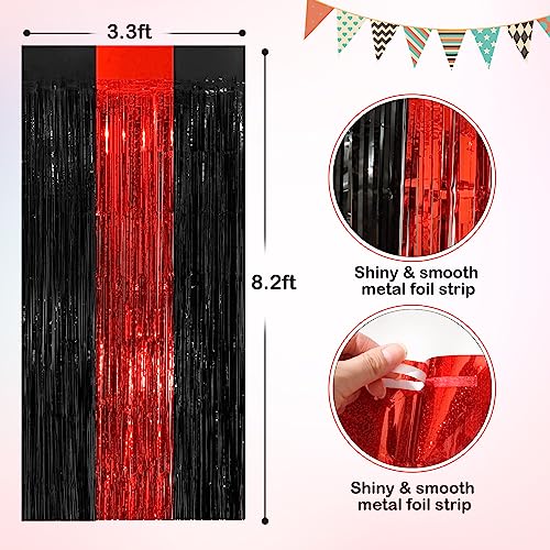 Black Red Metallic Tinsel Foil Fringe Curtains, 4 Pack 3.3x8.3 Feet Streamer Curtains for Birthday Party Decorations, Halloween Decor, Foil Curtain Backdrop for Bachelorette Party - color: Black Red, size: 4 Pack
