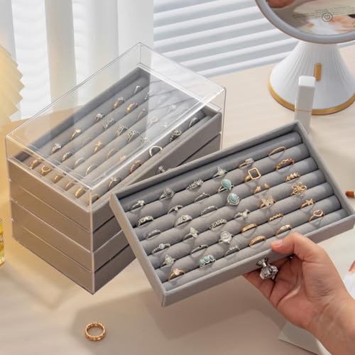 SPAKOWN Ring Box Display Holder, Clear Velvet Jewelry Storage Tray Organizer for Ring Stud Earring (Grey - 5 Drawers) - color: Grey, size: 5 Drawers