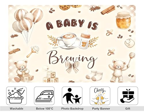 7x5ft A Baby is Brewing Backdrop Sweet Brown Coffee Baking Theme Cute Bear Croissant Feeding Bottle Newborn Cake Smash Baby Shower Decorations Photography Background Photo Studio Props - size: 7x5ft