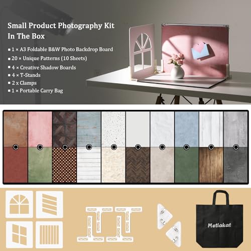 Food Photography Backdrops with Shadow Boards, 10Pcs Double-Sided Photo Background Paper (20 Patterns), Tabletop Small Product Shooting Kit with T-Stand & Clamps for Jewelry, Cosmetics