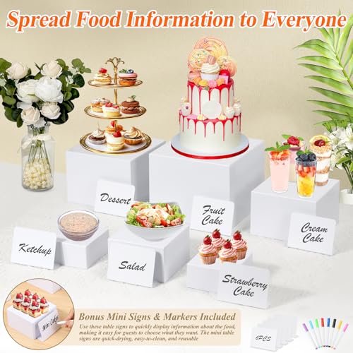 6 Pcs White Acrylic Buffet Risers with Mini Sign and Maker, Food Display Stands for Buffet Table Party Catering Dessert Jewelry Collectibles,Nesting Cube Boxes with Hollow Bottoms (8",7",6",5",4",4") - size: 8" 7" 6" 5" 4" 4"