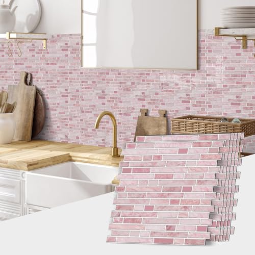 VICCI 12-Sheet Peel & Stick Tile Backsplash 12" x 12", Stick-On Wall Tiles for Kitchen, Bathroom & Laundry Room (Pink Marble Style) - color: Spt-106, size: 12 x 12 inch (Marble style)