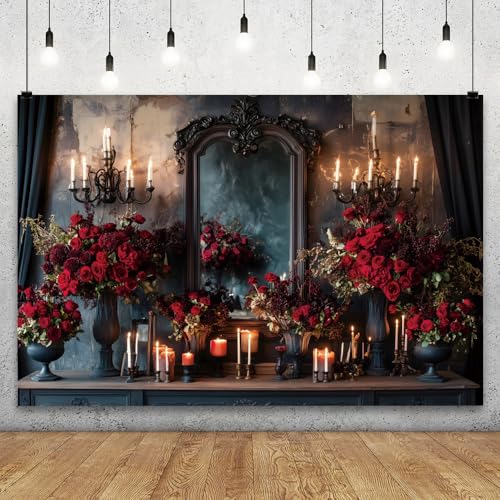 YongFoto Retro Elegant Mirror Candelabras Dresser Backdrop 8x6.5ft Candles Roses Flower Artistic Photography Background Bridal Shower Wedding Party Banner Portrait Photoshoot Wallpaper Photo Booth - color: Style 1, size: 8ftx6.5ft