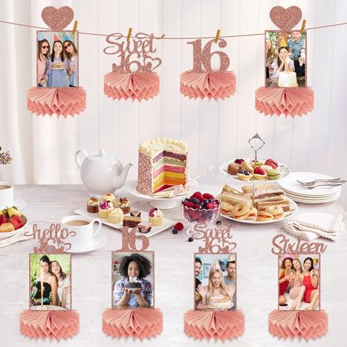 Guiruiy 8Pcs Happy 16th Birthday Decorations Honeycomb Centerpieces for Girls, Pink Rose Gold Glitter Sweet 16 Birthday Photo Table Centerpieces Party Supplies, Pink Sixteen Bday Photo Table Topper - style: Rose Gold 16th
