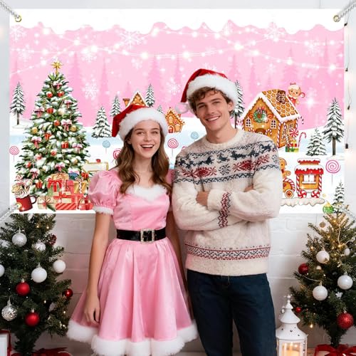Mocsicka Christmas Gingerbread House Backdrop Banner Pink Merry Christmas Candyland Backdrop Winter Xmas Baby Shower Birthday Family Holiday Party Decortaions Photo Booth Props - color: Pink