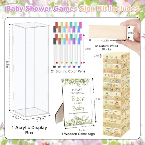 80 Pcs Baby Shower Games Sign Kit with 48 DIY Blank Wooden Blocks, 24 Colored Pens, Clear Acrylic Box, Guide Sign, Creative Guest Book Alternative for Baby Shower Games Gender Reveal Decoration - color: Wood-B