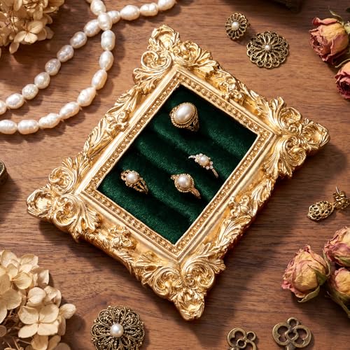 Liliaafar Vintage Ring Holder Rectangle Green Mat Ring Wedding Display Suede Jewelry Box Stand Frame Earring Tray Anniversary Engagement Baroque Organizer Photograph Prop for Women Birthday Gifts - color: Green Mat, style: Rectangle