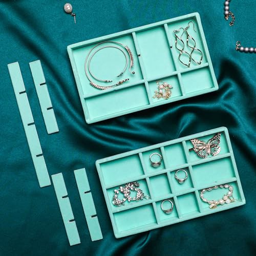 Frebeauty Jewelry Organizer Tray,Stackable Velvet Jewelry Trays,Drawer Inserts Earring Organizer For Women Jewelry Storage Display Case for Rings Stud Necklaces,Set of 6(Turquoise) - color: Turquoise, size: Set 6