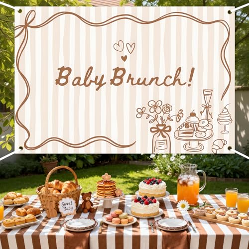 Brunch Themed Party Decorations Baby Brunch Backdrop Breakfast Food Brown Gingham Photography Background for Boys Girls Let's Brunchs Theme Baby Shower Indoor Outdoor Photo Props Supplies 5 * 3ft - color: brown striped