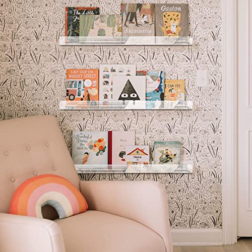 24 inches Wall Mounted Kids Bookshelf, Clear Acrylic Display Book Shelves for Kids Room Nursery Toddler Classroom 2 Packs - color: 24in-clear