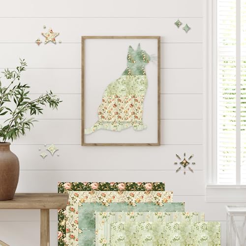 VIVIQUEN 24 Sheets Green Floral Double-Sided Scrapbook Paper, 12x12 Inch Vintage Flowers Texture Craft Paper Folded Flat for DIY Decorative Background Card Making Photo Album Junk Journal Decor