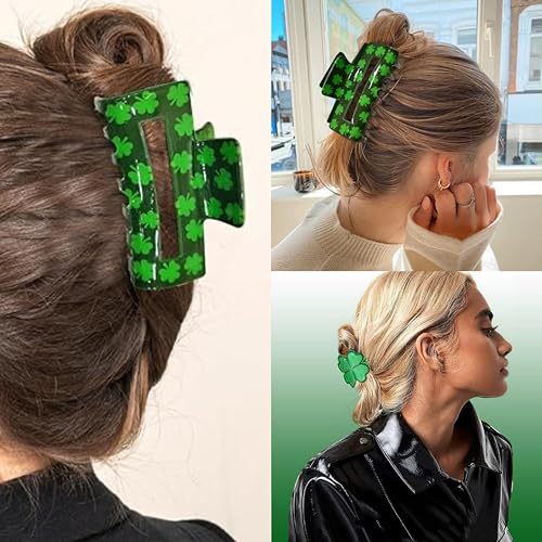 2pack St. Patrick's Day Green Shamrock Hair Claw Clips for Women Girls,Irish Lucky Clover Hair Jaw Barrettes,Holiday Party Favor Gift Decor Accessories - color: E