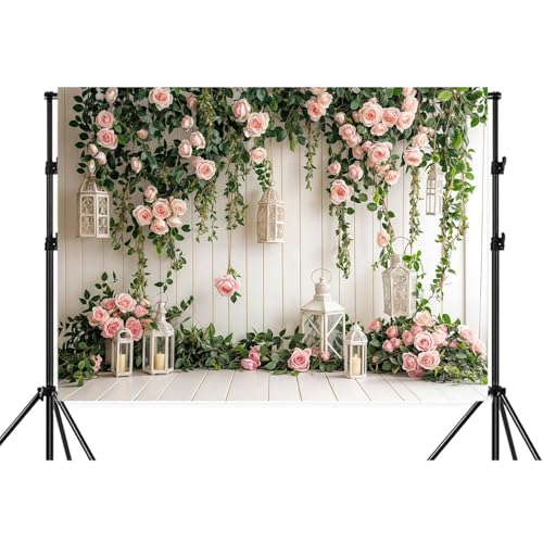 7x5FT Flowers Backdrop Pink Rose Floral Photography Background for Wedding Bridal Baby Shower Birthday Party Backdrop Banner Decorations Supplies Photo Booth Props - color: Green Pink-02, size: 7X5FT