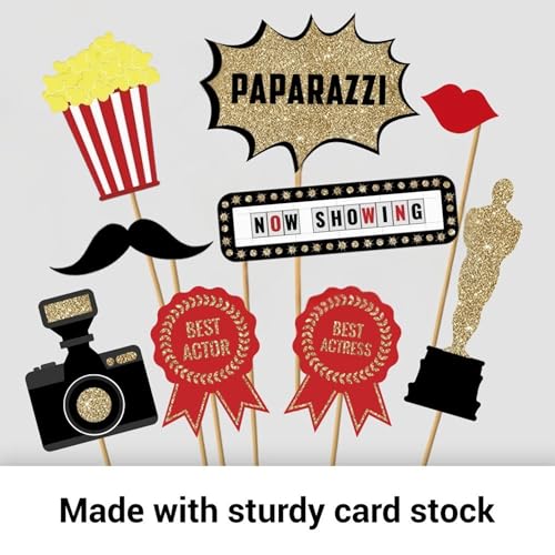 Fully Assembled Hollywood Photo Booth Props - Set of 27 - Black Gold Red Selfie Signs - Movie Night Themed Party Supplies & Decorations - Cute Oscars Designs with Real Glitter - Did We Mention No DIY - size: 27 Pieces