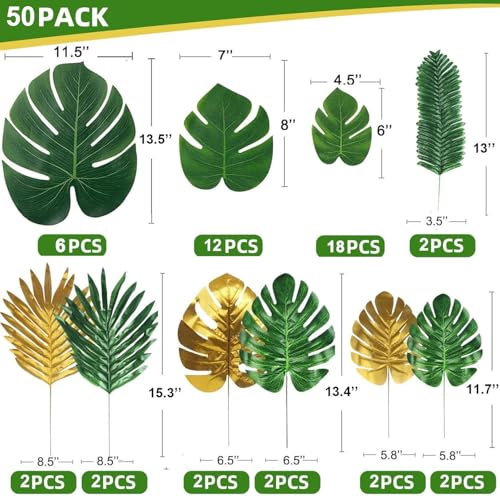 50 Pieces 10 Kinds Artificial Palm Leaves Golden Tropical Leaves with Stems Jungle Leaves Decorations for Hawaiian Luau Party Beach Baby Shower Wedding Birthday - color: 50pcs Gold