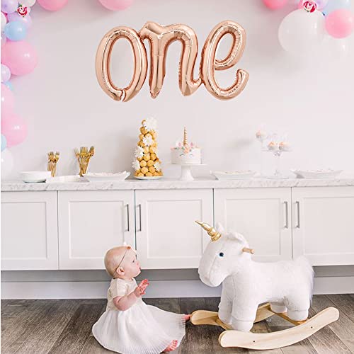 TONIFUL Rose Gold One Balloons Banner, 42*16 Inch Mylar Foil Script,Cursive Letter ONE Sign Banner Balloon Bunting Reusable Ecofriendly Material for Boys Girls Kids First Birthday One Year Old Party - color: One-rose Gold