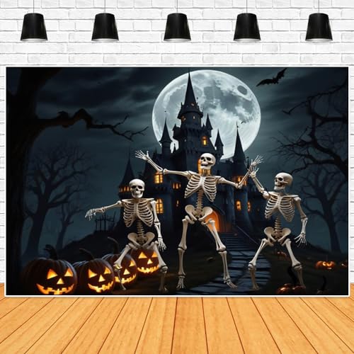 Halloween Backdrop Skull Castle Gloomy Woods Graveyard Photography Backdrops Horrible Cemetery Spooky Party Banner Halloween Booth Background Party Decoration Photo Studio Props 5x3ft - color: Halloween 007, size: 5x3ft