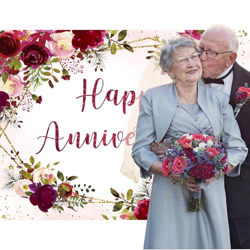 Happy Anniversary Backdrop 5Wx3H Feet Polyester Fabric Elegant Burgundy Flower Rose Floral Plant Botanical Decoration Green Leaves Gold Glitter Photography Background Photo Shoot Props - color: B-01Anniversary(Burgundy), size: 5Wx3H