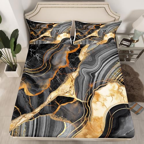 Erosebridal Black Marble Bed Sheets Set King, Gold Crack Sheet Set for Adults Men Women, Abstract Metallic Texture Sheets, Luxury Shinny Bedroom Decor Boho Hippie Fluid Deep Pocket Top Sheet - color: Multi 01, size: King