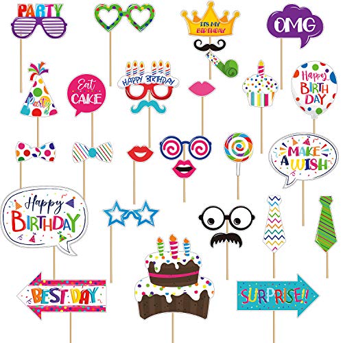 29 Pieces Birthday Photo Booth Props Kit Colorful Funny Kids Birthday Theme Table Centerpiece Craft Cutouts with Glue Point Dots and Wooden Dowel Sticks for Party Celebration Decorations