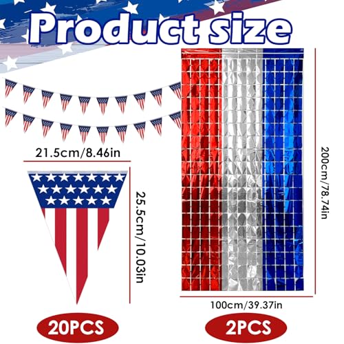 OQOQ 4th of July Backdrop Decorations Set- 2pcs Red White and Blue Tinsel Square Curtain with 20pcs America Triangle Flag, Photo Booth Props for Independence Day Memorial Day Patriotic Decor - color: Red Blue Silver