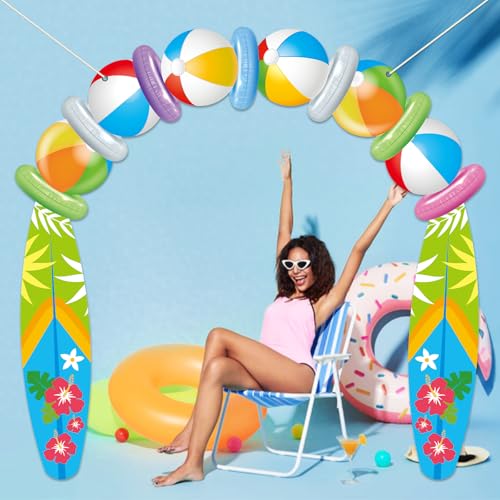 Beach Ball Surfboard Porch Banner Summer Birthday Decorations Pool Party Banner Backdrop, Beach Themed Door Hanging Porch Sign Decor for Hawaii Tropical Party Supplies Luau Photo Booth Props Outdoor - style: Beach Ball Surfboard