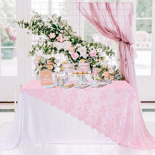 B-COOL Pink Lace Table Cloth 60 x 120 Inches Rectangle Vintage Embroidered Bridal Wedding Table Cloth Sheer Overlay for Rustic Outdoor Party Reception Home Decor - color: Pink, size: 60" x 120" (1 Piece Rectangle)