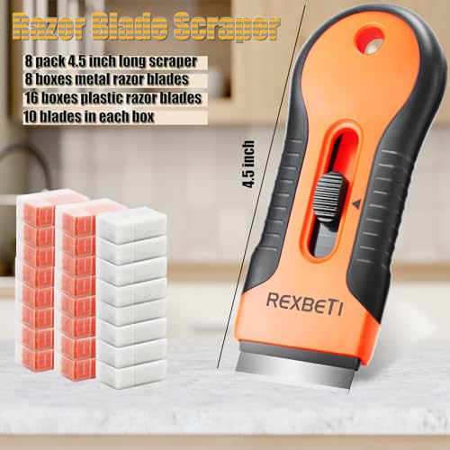 REXBETI Razor Blade Scraper Tool, 8 Pack Razor Scraper Set with Extra 240Pcs Razor Blades- 80Pcs Metal and 160Pcs Plastic Blades, Cleaning Scraper Tool, Cooktop Scraper, Paint Scraper, Glass Scraper - style: Original 8 Pack
