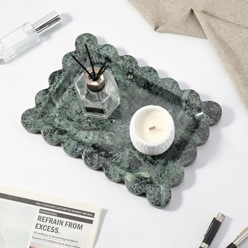Koville Scalloped Marble Tray, 11"x8" Marble Vanity Tray for Countertop Bathroom Kitchen Dresser, Natural Stone Tray for Jewelry Perfume Home Decor, Decorative Catchall Trays(Green) - color: Green, size: 11" x 7.9" x 0.7"