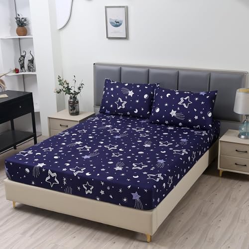 MAG 3pcs Purple Star Full Bed Sheet,Galaxy Microfiber Bedding Sheet Set,Space Bedding Set with1 Fitted and 2 Pillowcases,14 Inches Deep (Purple and White,Full) - color: Star, size: Full