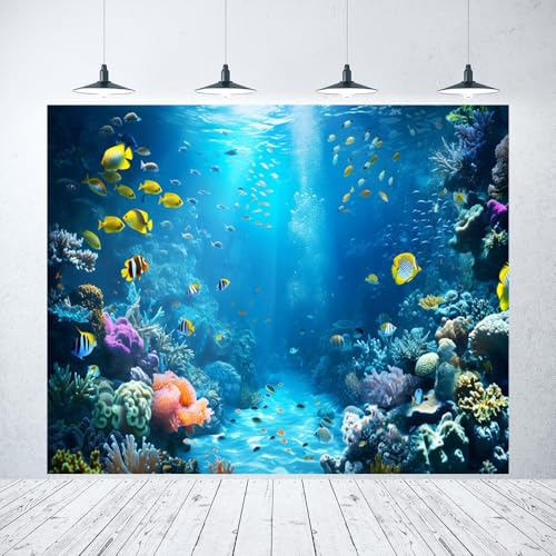 Under The Sea Backdrop 12x8ft Ocean Backdrop Underwater World Colorful Tropical Fish Coral Aquarium Deep Sea Sunlight Photography Background Birthday Under The Sea Party Decorations Photo Props - color: Blue2, size: 12x8ft