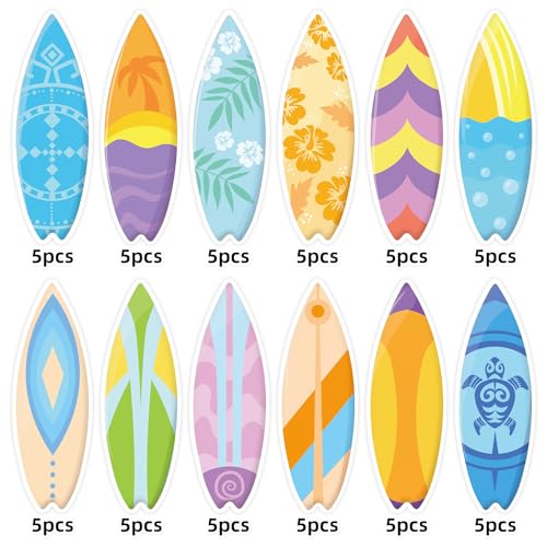60 Pcs Surfboard Cutouts with Glue Points, Hawaii Summer Paper Cut Outs for Bulletin Board Classroom Decor Surf Party Decorations
