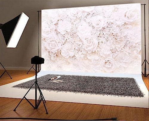 AOFOTO 7x5ft White Flowers Wall Backdrop Elegant Roses Romantic Wedding Decor Bridal Shower Photography Background Baby Girl Artistic Portrait Valentines Mother's Day Photoshoot Studio Props Wallpaper - size: 7x5ft