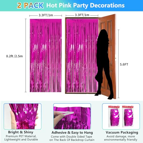 2 Pack Hot Pink Backdrop Party Decorations Tinsel Foil Fringe Curtain Backdrop Streamer Photo Booth for Wonmen Girl Pink Theme Princess Bachelorette Graduation Birthday Party Decorations - color: Hot Pink