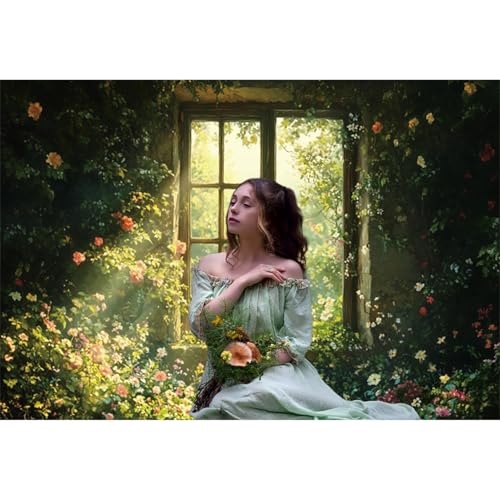5x3ft Spring Window Photography Backdrops Sunshine Oil Painting Flowers Background Cloth for Marriage Valentines Mothers Day Engagement Party Decoration Photo Props Background Supplies - color: green and pink-2, size: 5x3ft