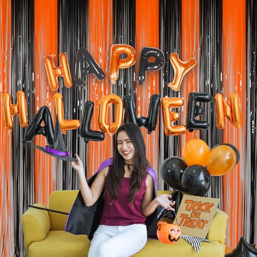 Halloween Party Decorations Tinsel Foil Fringe Curtains Party Backdrop, Melsan 3.2 x 8 ft Streamer Backdrop Tinsel Curtains for Birthday, Graduation, Halloween Party Decor - Pack of 2 - color: Black + Orange, size: 3.2 x 8 ft