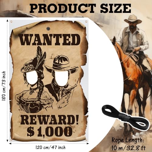 Lunmon West Wanted Photo Prop Western Photography Backdrop 6 x 4 ft Wild West Selfie Poster Backdrops with Head Cutout for Rustic Western Cowboy Party Decoration Supplies - color: West Wanted