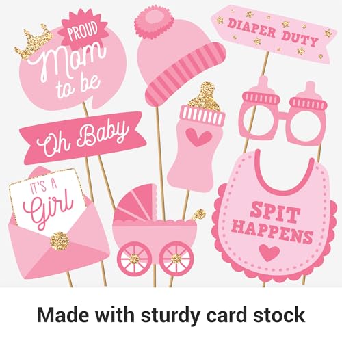 Fully Assembled Baby Shower Photo Booth Props - Set of 30 - Girl Baby Shower Selfie Signs - Pink Party Supplies & Decorations - with Real Gold Glitter - Did We Mention No DIY