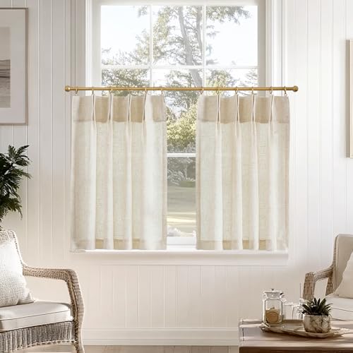 jinchan Linen Pinch Pleated Kitchen Curtains 24 Inch 2 Panels Natural Linen Tier Curtains Back Tab Beige Farmhouse Cafe Light Filtering Small Window Drapes for Bathroom Laundry Room Beige - color: Pinch Pleated Beige, size: 26"W x 24"L (Pack of 2)