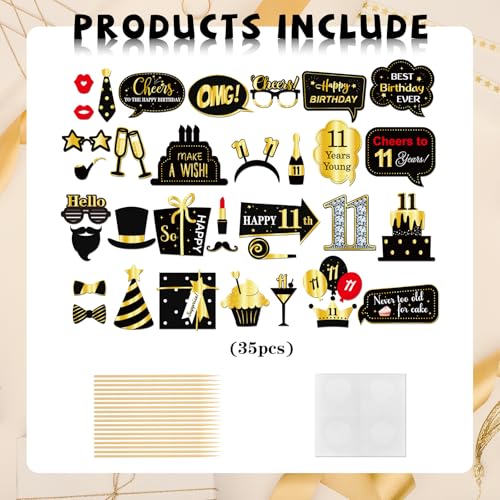 INNORU 11th Birthday Photo Booth Props, Kids Birthday Photoshoot Funny Birthday Party Photography Props Favor Eleven Years Old Centerpiece Sticks Decorations Black & Gold 35 PCS - size: 11