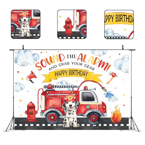 Glawry Firetruck Happy Birthday Backdrop for Photography 7Wx5H Feet Cute Dog Firemen Kids Boys Firefighter Birthday Party Banner Decorations Red Yellow Sound The Alarm Photoshoot Photo Booth Studio - color: Firetruck Dog Happy Birthday, size: 7Wx5H