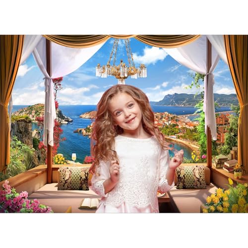 Mediterranean Bay Backdrop Romantic Tuscany Coastal City Bay Scenery Photography Background Luxury Restaurant Balcony Chandelier Dining Backdrop Blue Sea Mountain View Portrait Studio Props 7x5ft - color: Blue_Orange, size: 7x5ft
