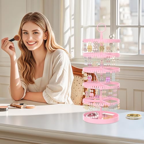 iDavosic.ly 5 Tier Rotating Earring Holder Organizer with Metal Tray, Adjustable Plastic Dangle Display Stands Tree with 285 Grooves, Large Hoop Storage Rack Tower, Pink - color: Candy Pink, size: 5 Tiers