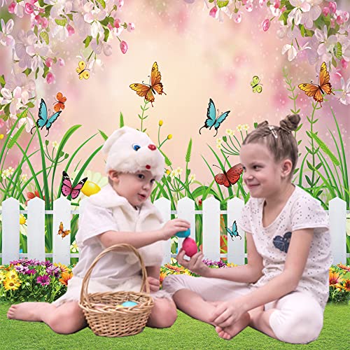 INRUI Spring Easter Garden Photography Backdrop Green Grass Lawn Floral Butterfly Fence Baby Shower Birthday Party Decorations Banner (6x8FT) - size: 6x8FT