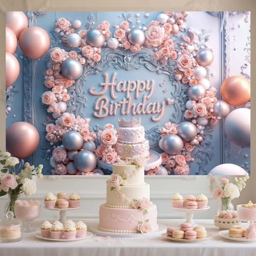 7x5ft Pink Happy Birthday Banner Backdrop Elegant Pink Rose Princess Girls Crown Roses Balloons Cake Background Aesthetic Party Decorations Banner Photo Booth Props Supplies - color: Pink, size: 7x5FT