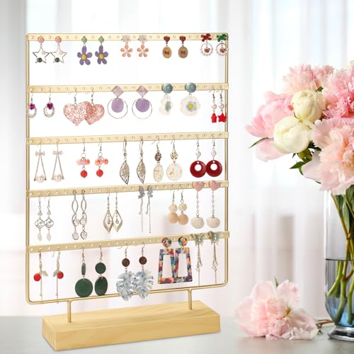 Jewelry Organizer, 5 Tiers Earring Organizer with 120 Holes for Storing and Displaying Earrings of Various Styles, Models and Sizes, Removable Wooden Base for Home and Store Use - color: Gold