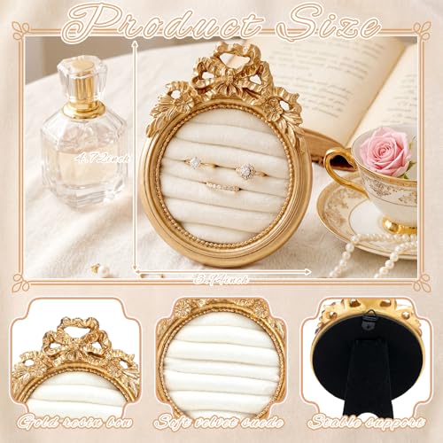 Liliaafar Vintage Ring Holder Mini Bow Gold Ring Wedding Display Suede Jewelry Box Stand Frame Earring Tray Anniversary Engagement Baroque Organizer Photograph Prop for Women Birthday Christmas Gift - color: Gold, style: Mini Bow