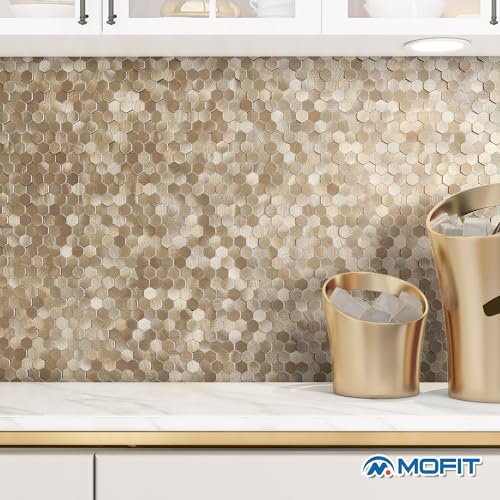 3D Metal Peel and Stick Backsplash for Kitchen,Mini Hexagon Tile Stickers Self Adhesive Wall Tiles Heat Resistant(8 Sheets,Champagne Gold) - color: Champagne Gold