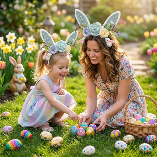 Easter Bunny Ear Headband with Floral Decorations, Glitter Rabbit Ears Hair Hoop for Women and Girls, Spring Party Hair Accessories for Photo Props,Cosplay - color: Blue